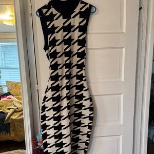 INC International Concepts Black and Cream Houndstooth Midi Dress
